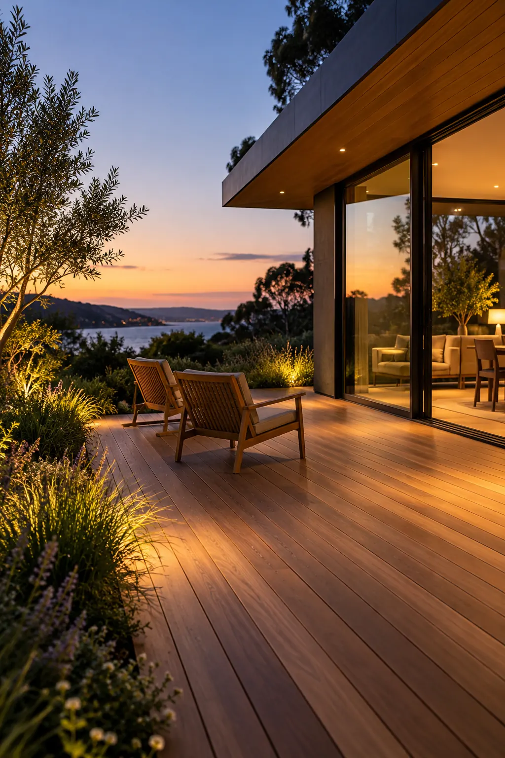 Timber deck at dusk beside a house with warm light from the windows and two wooden chairs