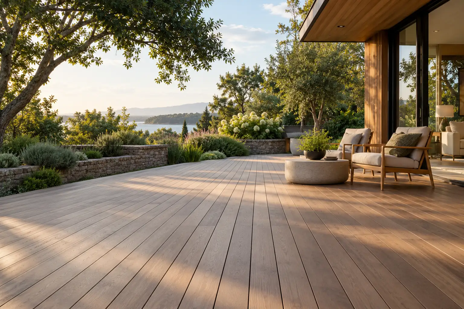 Timber deck terrace beside a house in late-afternoon light, with planting and a low stone wall