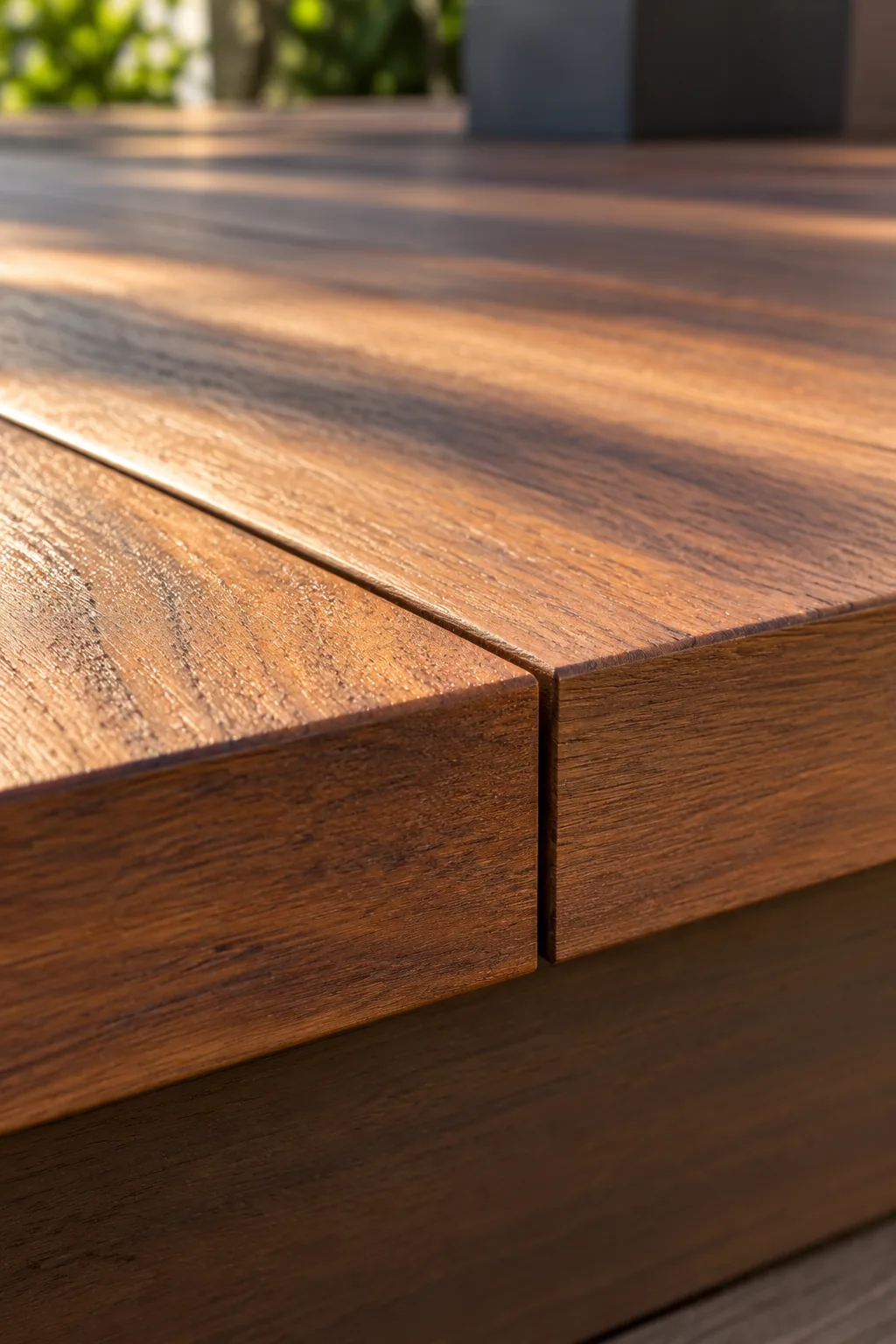 Close view of two deck boards meeting at an even gap, with no screw heads on the surface