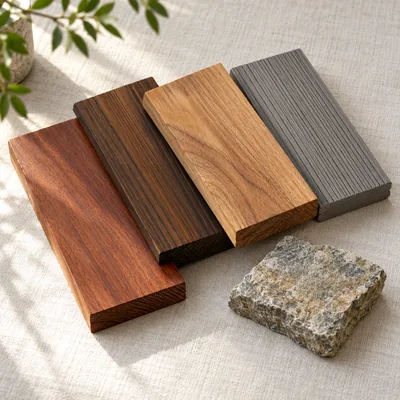 Offcuts of hardwood, modified wood and composite decking boards on linen beside a piece of stone